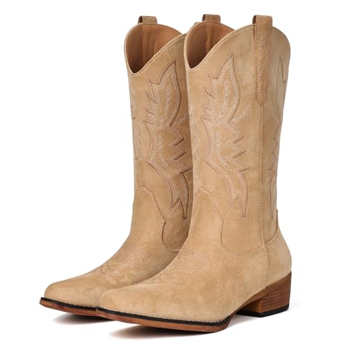 Image of IUV Cowboy Boots for Women Mid Calf Pull-On Cowgirl Boots