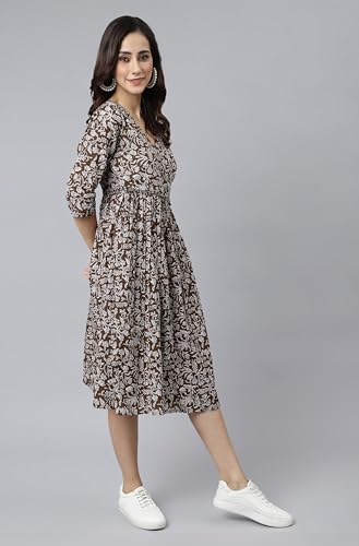 Image of Janasya Women's Cotton Floral Print Angrakha Dress