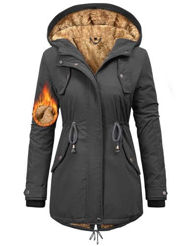 Nadeer Mantel Damen Winterjacke Lang Parka Gefüttert Wintermantel Wasserdicht mit Kapuze Warm Winterparka(Dunkelgrau,L)