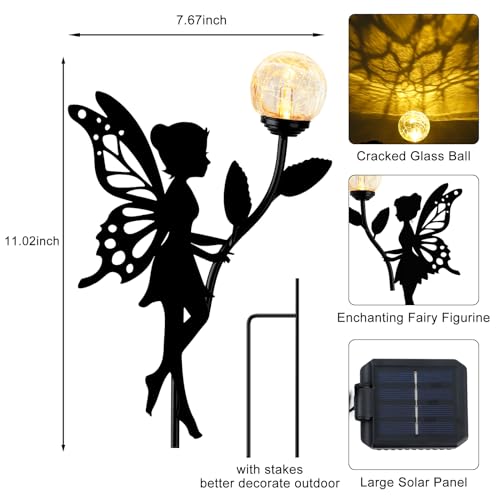 Ouddy Decor 2 Pack Solar Fairy Garden Decor, Metal Fairy Statues with Crackle Glass Globe Solar Garden Lights Outdoor Silhouette Waterproof for Lawn Patio Yard Pathway Gardening Gifts