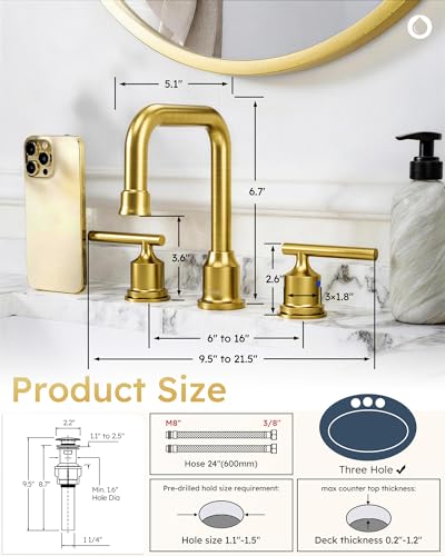 WOWOW Brushed Gold Bathroom Faucet Widespread Bathroom Sink Faucet 2 Handle Lavatory Tap 3 Holes with Drain and Supply Hoses Mordern Basin Taps - Thumbnail 6