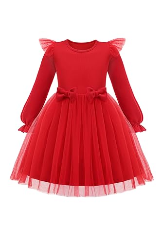 Image of Arshiner Toddler Girls Tulle Dresses with Bow Tie Fall Winter Long Sleeve Formal Party Dress 1-7 Y