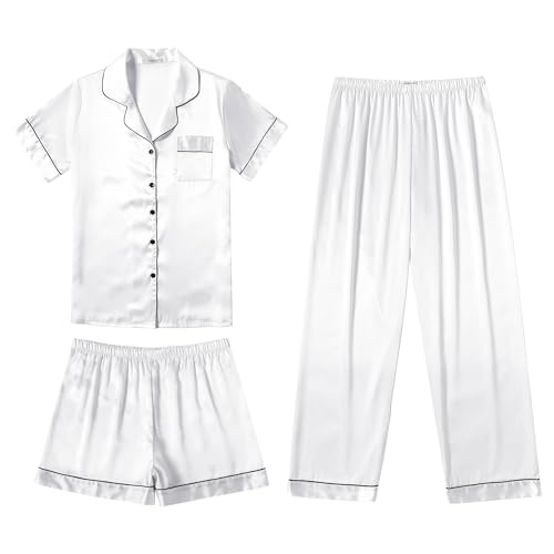 Ekouaer Silk Pajamas for Women Set Satin Pjs Soft Short Sleeve Button Down Sleepwear 3 Piece Loungewear S-XXL