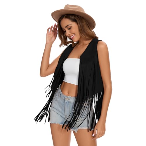 Women's Fringe Vest 60s 70s Hippie Vest Sleeveless Cowgirl Western Faux Suede Tassel Leather Jacket Hippie Party2