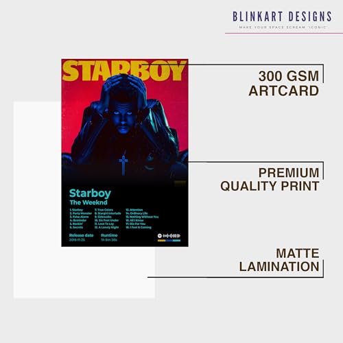Image of BLINKART The Weekend - Star Boy Wall Photo Frames | Wall Art for Bedroom, Living Room, Studio or Office | Album Cover Print with Spotify Song Link QR Code | Gift for Fans and Music Lovers - 8x12 In