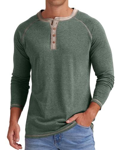 Sailwind Mens Henley T-Shirt Long Sleeve Cotton Tops Casual Shirt (VG Green, L)