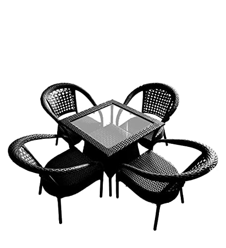 Image of Anaya Decor D-8 Chairs Table Set 4+1 Wicker Patio Furniture Sets 4 Chair and 1 Table for Garden Balcony Bedroom Powder Coated Frame Uv Protected Wicker (Black)