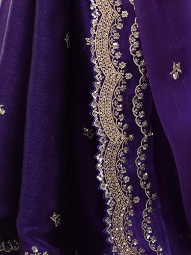 Image of Satrani Women's Shimmer Chiffon Sequins Embroidery Saree with Unstitched Blouse Piece