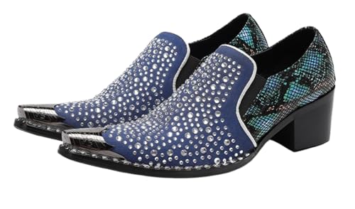 Santimon Men’s Rhinestone Loafers with Pointed Metal Toe – Slip-On Party Dress Shoes with Glitter Vamp & Chunky Heel for Stage, Prom, Wedding, Nightclub