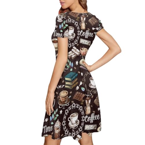 Image of POLERO Women Puffy Swing Elegant Party Midi Dresses Short Sleeve Round Neck A-Line Dress
