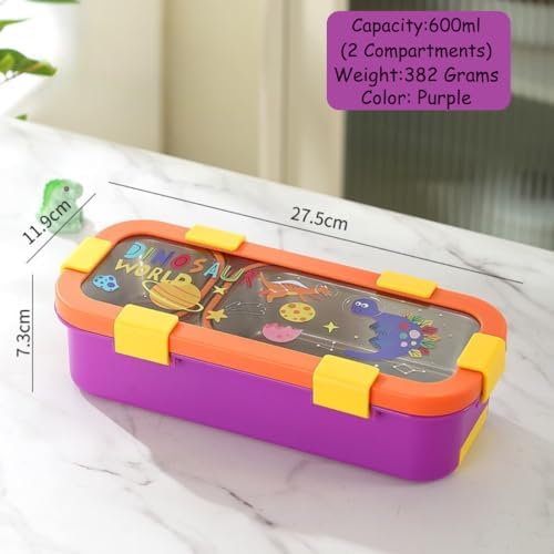 Image of Homeoculture Stainless Steel Kids Lunch Box 2 Compartment 500ml | Pink Astronaut Cartoon Tiffin Box with Spoon & Fork | Leakproof BPA-Free Food Container for Boys & Girls School Use (Dino)