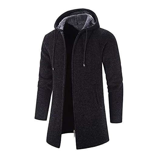Susenstone Manteau Homme Veste à Capuche mi-Longue Coupe-Vent Caban Hiver Chaud Long Trench Coat Laine Épais Noir Uni Slim Fit M