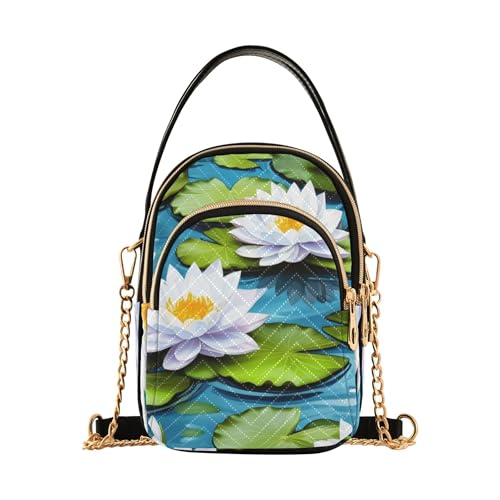 Women Single Shoulder Purse Cute Cell Phone Wallet Chain Purse Quilted Ladies Tote Crossbody Satchel Elegant White Lotus Flowers