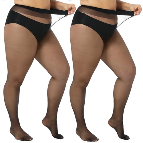 WiliW 2 Pairs Plus Size Sheer Tights for Women 20D Ultra Thin T-Crotch High Waist Pantyhose Stockings2