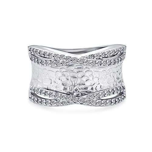 Bague large en laiton plaqué argent et oxyde de zirconium style croisé