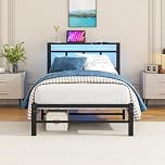 VECOCHO 3ft Single Bed Frame with Storage Headboard&LED Lights,Heavy Duty Metal Platform Bed Frame Single with Charging Station,Mattress Base Strong Slats Support,UnderBed Storage,Easy Assembly,Black
