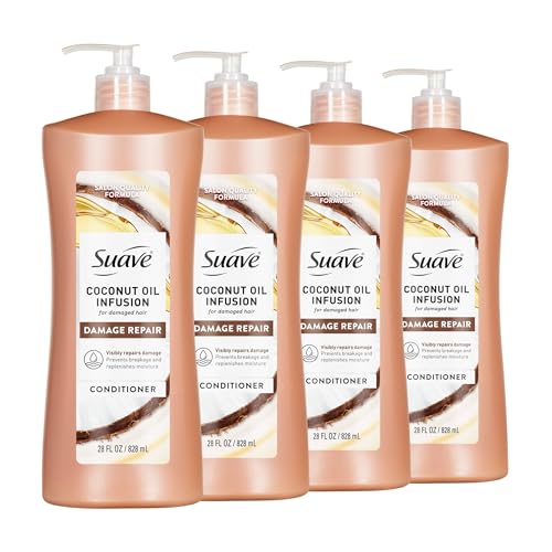 Suave Coconut Oil Infusion Conditioner for Damaged Hair, Salon-Proven Damage Repair System, Hydrates & Moisturizes for Visible Repair in 3 Uses, 28 FL OZ Pump, 4 Count