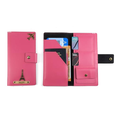 Image of AICA Personalized Name & Charm Long Leather Wallet Passport Cover (Dark Pink) with Passport Boarding Pass Card Slot & Coin Holder for Men & Women | Birthday Anniversary Travels Gifts for Sis Wife Mom