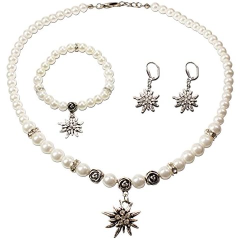 Schmuckset Trachtenkette Perlenkette und Edelweiß-Armband und Ohrhänger - Damen Dirndlkette,Perlenarmband & Trachtenohrringe Strass-Edelweiss zur Trachtenbluse,Dirndl-Schmuck Oktoberfest (creme-weiß) Cover