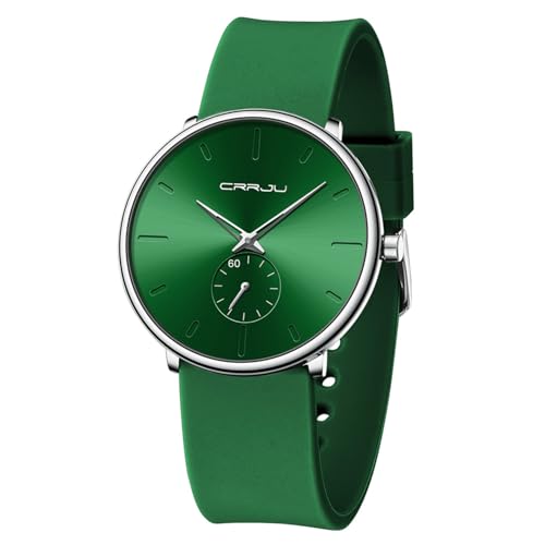 CRRJU Men’s Casual Stylish Waterproof Quartz Wristwatches, Ultra Thin Second Hand Watches for Men, Colorful Silicone Band dark green