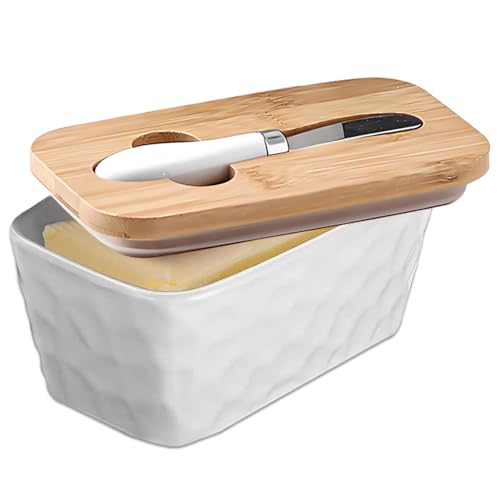 Burriera in ceramica, 500 ml, in metallo, contenitore per burro in porcellana, contenitore per burro in ceramica, con coperchio in bambù e coltello per burro, noci, formaggio (bianco)