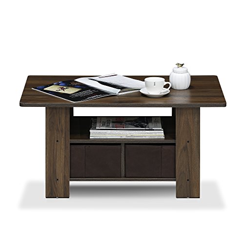 Image of Furinno Andrey Coffee Table with Bin Drawer, Columbia Walnut /Dark Brown | 2x Bin Drawers, Soft-Corner, Small Rectangular Side Table for Living Room, Bedroom, Home Office