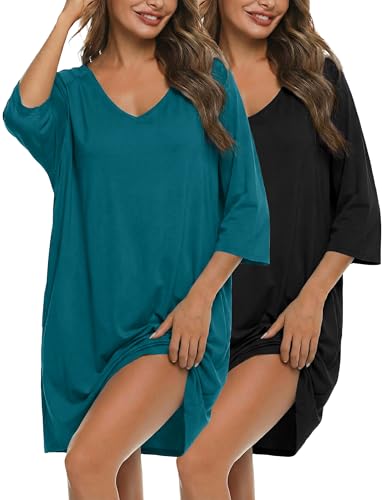 Bresdk 2er Nachthemd Damen Kurzarm Schlafshirt Oversize Große Größen Bequeme Nachtwäsche Schwarz Blau 3XL