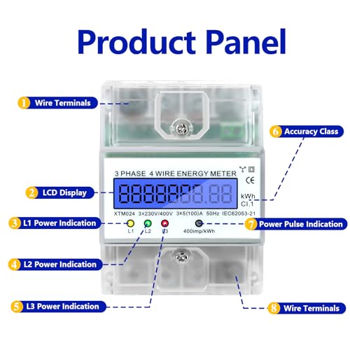 LCD Digitaler Stromzähler 3 Phasen Stromzähler Hutschiene Geeicht 4-Draht Drehstromzähler Hutschiene Drehstromzähler 3 Phasen Geeicht Zwischenzähler Strom Zwischenzähler 3X230/400V, 3X5(100) A