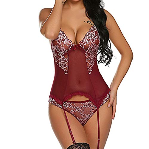 SANFASHION - Lencería sexy para mujer, lencería de encaje, lencería de color liso, con cordones de estrás, sexy, talla única, vestido de malla R7- du Vin M