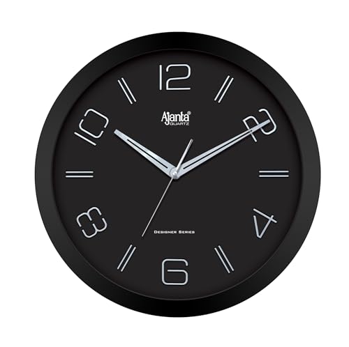 Image of Ajanta 2377 Large Wall Clock (14 Inch / 355mm) - Silent Sweep Non-Ticking Movement - Stylish Black Home Decor Clock- Sleek Black