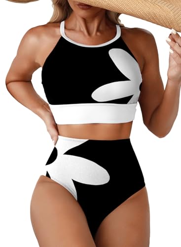 Image of Herseas Women's Bikini Sets High Neck Tropical Leaf Print High Waisted Two Pieces Swimsuits Bathing Suits