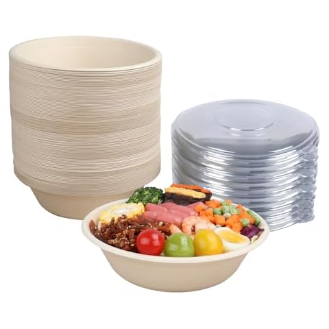 JAYEEY 32 oz Disposable salad bowls with lids, Sugarcane Fiber Paper Bowls take away food containers Plant Fibers Freezer Safe 50 Pack Cover