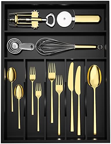 WUSHIZHUHUN Utensil Organizer Silverware Drawer Organizer - 7 Slots Bamboo Silverware Tray For Kitchen Cutlery Office Supplies Makeup Desk Storage Garage Tool Organization W13”x L17” (Black)