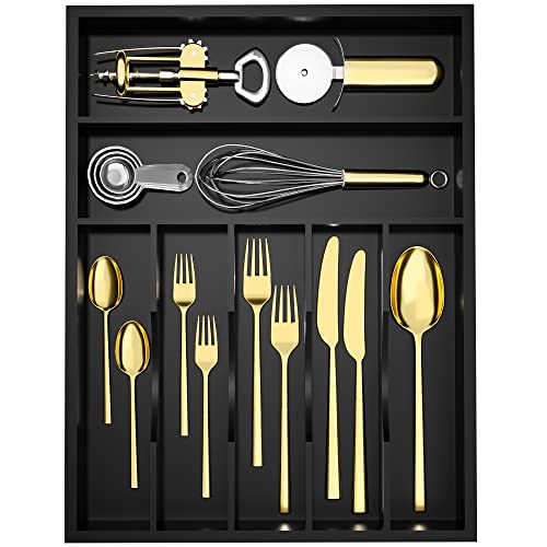WUSHIZHUHUN Utensil Organizer Silverware Drawer Organizer - 7 Slots Bamboo Silverware Tray For Kitchen Cutlery Office Supplies Makeup Desk Storage Garage Tool Organization W13âx L17â (Black)