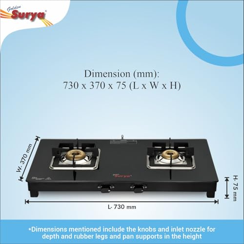 Image of Golden Surya 2 Burner Toughened Glass Gas Stove (CXJ-22 MS Pride) | Heavy Forged Brass | Manual Ignition | ISI Certified | 18 Months Warranty