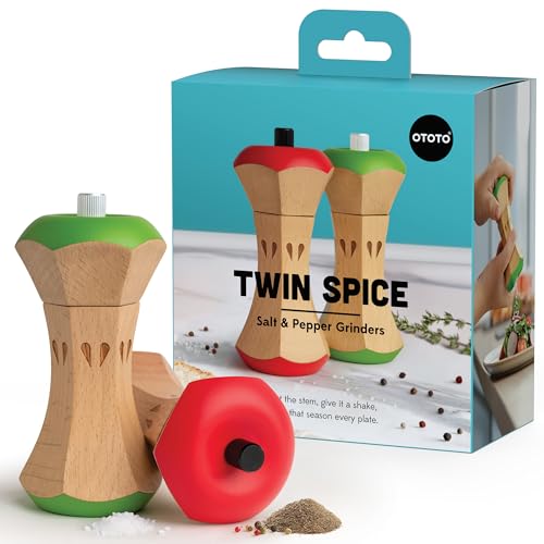 OTOTO Twin Spice Salt and Pepper Grinder Set - Apple-Designed Unique Kitchen Gadgets Cute Kitchen Accessories Pepper Spice Grinder Salt and Pepper Shakers Set Apple Gift Kitchen Cooking Gifts