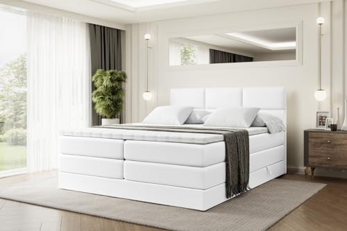 ALTDECOR Boxspringbett mit Matratze und Lattenrost, Topper, Polsterbett mit Bettkasten, Bett mit Stauraum H3- und H4- Matratze, Doppelbett, Springboxbett - Ohio King - 160x200 Weiß Kunstleder