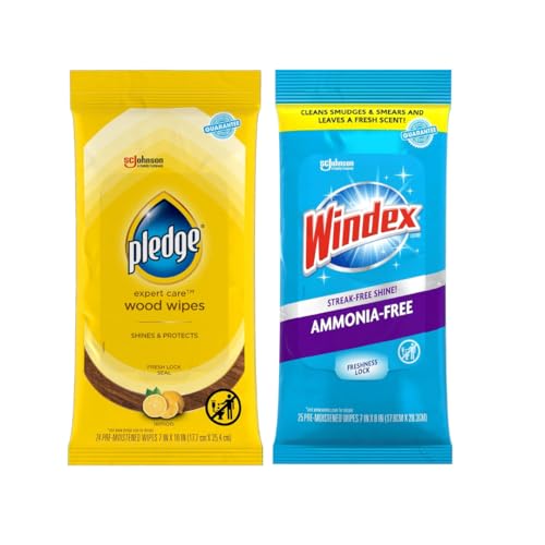 Image of Pledge Expert Care Wood Wipes & Windex Ammonia-Free Glass Cleaning Wipes Bundle, 24ct Lemon Scent Wood Wipes & 25ct Ammonia-Free Glass Wipes for Surface Cleaning