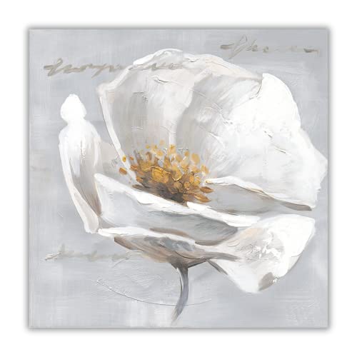 TemaDecor – Quadro Dipinto a Mano su Tela 40x40cm Canvas Moderno Fatto a Mano Pronto per essere Appeso - Arredamento e Decorazione da Parete - (Fiore Bianco2 Be My Sunlight)