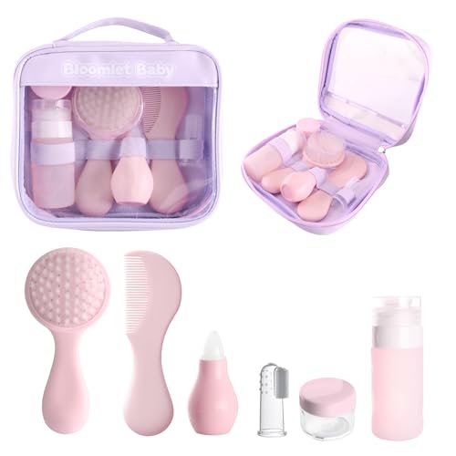 Baby Care Kit, Baby Grooming Kit,6-Piece Newborn Grooming Set with PP Baby Comb & Brush, Silicone Nasal Aspirator, Travel Bottles (60ml/20ml), Toothbrush, Newborn Care Set (Pink)