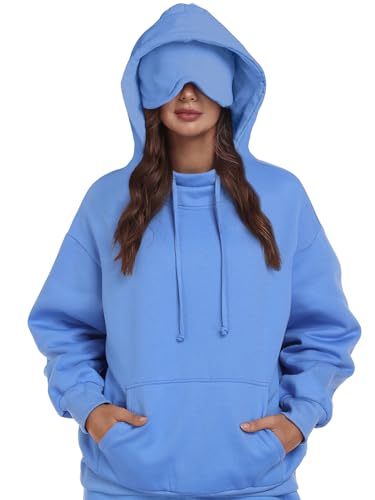 SeSe Code Hoodie with Eye Mask Travel Airplane Unisex Oversized Sweatshirt Sleep Pullover with Pocket Fleece Couples Hoodies Blue XL