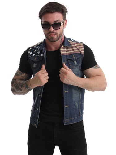 Men`s American Flag Retro Ripped Denim Jeans Vest Sleeveless Jacket3
