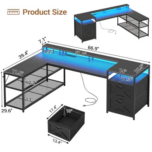 SEDETA 67" L Shaped Desk with Drawers, Computer Office Desk with Storage Shelves & Power Outlet, Reversible Gaming Desks with LED Lights for Home Office, Black