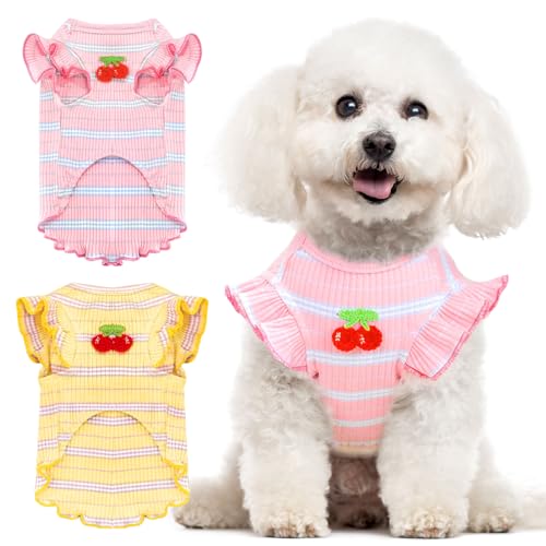 XGDMEIL 2 Pack Striped Small Dog T Shirt Cute Cherry Girl Dog Clothes for Small Dogs Cats Breathable Soft Cotton Pet Puppy Sleeveless Vest Spring Summer Pet Outfits（Pink+Yellow,Medium） by XGDMEIL - Used condition - US$10.44