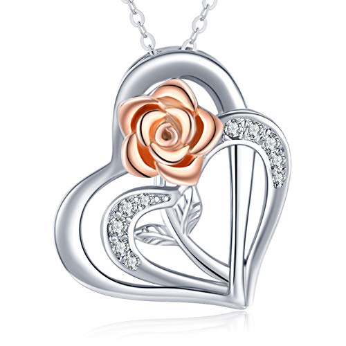 Rose Heart Necklace 925 Sterling Silver Double Love Heart Pendant Necklace with 5A Cubic Zirconia Rose Gold Flower Necklace Christmas Jewelry Gift for Women Wife Mom Daughter