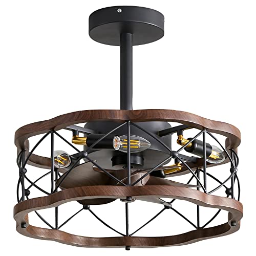 REYDELUZ Ventilador De Techo Enjaulado Con Control Remoto De Luces Para AplicacióN, Ventilador De Techo De Granja RúStico Sin Aspas De 45 Cm, PequeñO Ventilador De Techo (madera oscura, A Φ 45cm)