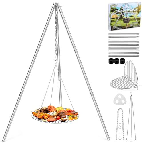 Joyfair Campfire Camping Tripod Grill Grate(17” Dia.), Heavy Duty Stainless Steel Openfire Tripod with Over Firepit Rack Camp Equipment, Adjustable Height Stand for Outdoor BBQ Cooking Grilling