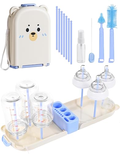 Image of Travel Bottle Cleaner kit, 7in1 Baby Travel Gear Silicone Travel Bottle Brush Set Nipple Drying Rack, Straw Breast Pump Cleaning Soap Dispenser Organizer Case Mon Gift (Blue)