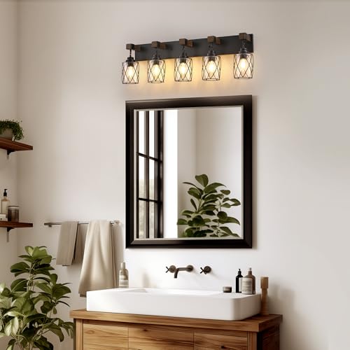 Image of Bathroom Light Fixtures, Farmhouse Wood & Black Metal with Glass Shade | 5 Light Rustic Vanity Lights, Mounted Over Mirror For Bathroom, Bedroom and Hallway, Easy To Install