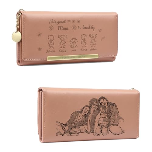 Mothers Day Gifts - Personalized Wallets for Women Custom Name & Photo, Large Capacity Leather Wallet for Mom Grandmother Wife Birthday Anniversary Christmas (5 Names)